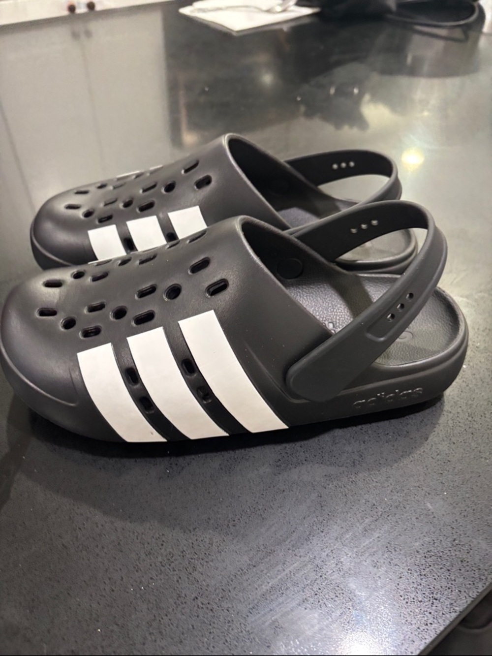 adidas Kids Black Clog Sandals with White Stripes